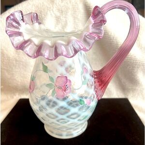 Fenton Glass Diamond or French White Optic Swirl Pink Crest Floral Pitcher